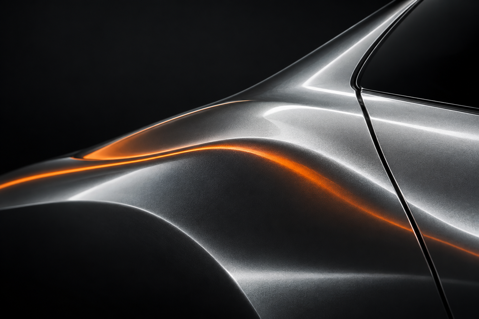 Illustrative close-up of a silver automotive body panel with a safety-orange reflection